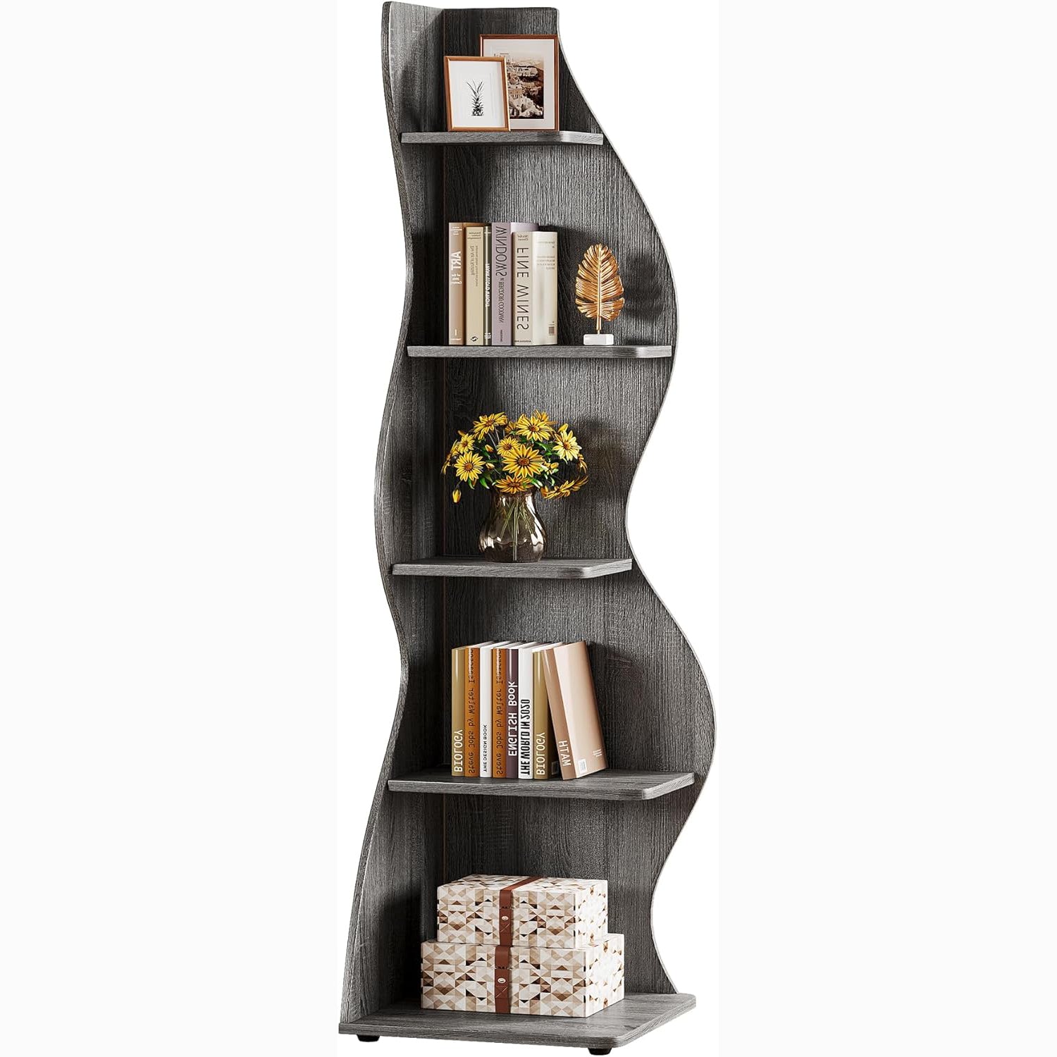 Tribesigns Wavy Corner Shelf, Modern 5-Tier Curved Bookshelf for Small Spaces