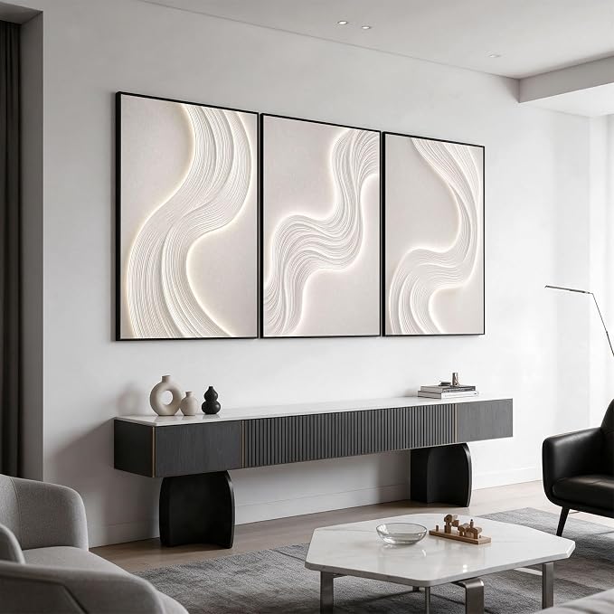 3-Piece 24x36" Modern Abstract Wall Art, Silver Framed Canvas Prints