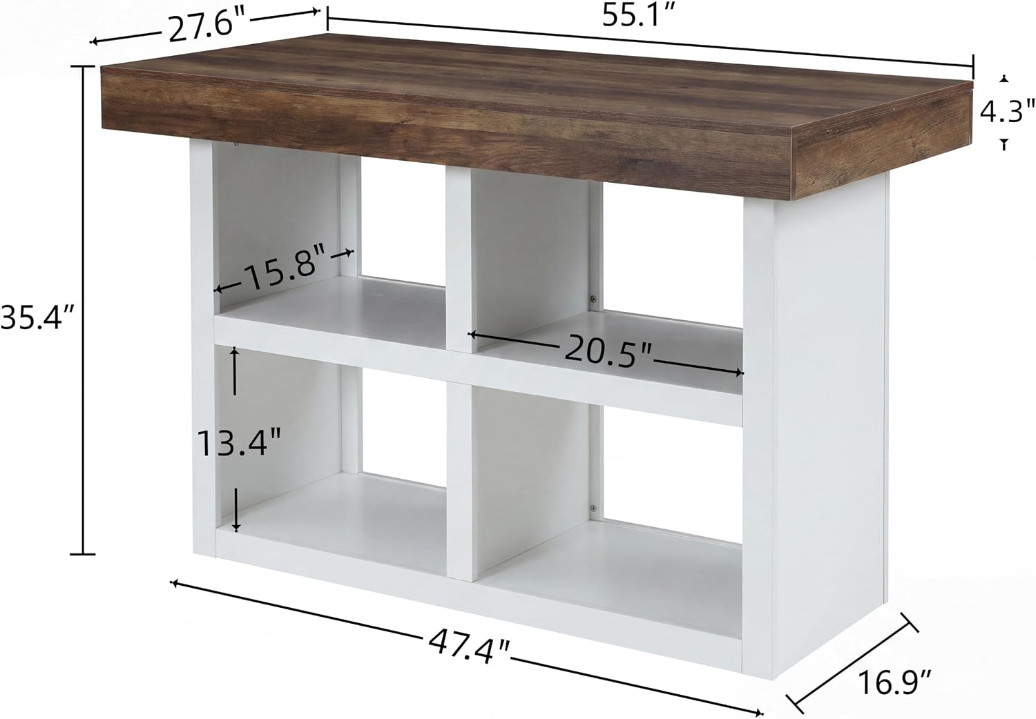 55" Kitchen Island with 4 Open Shelves, Stationary Wooden Storage Center Island Table