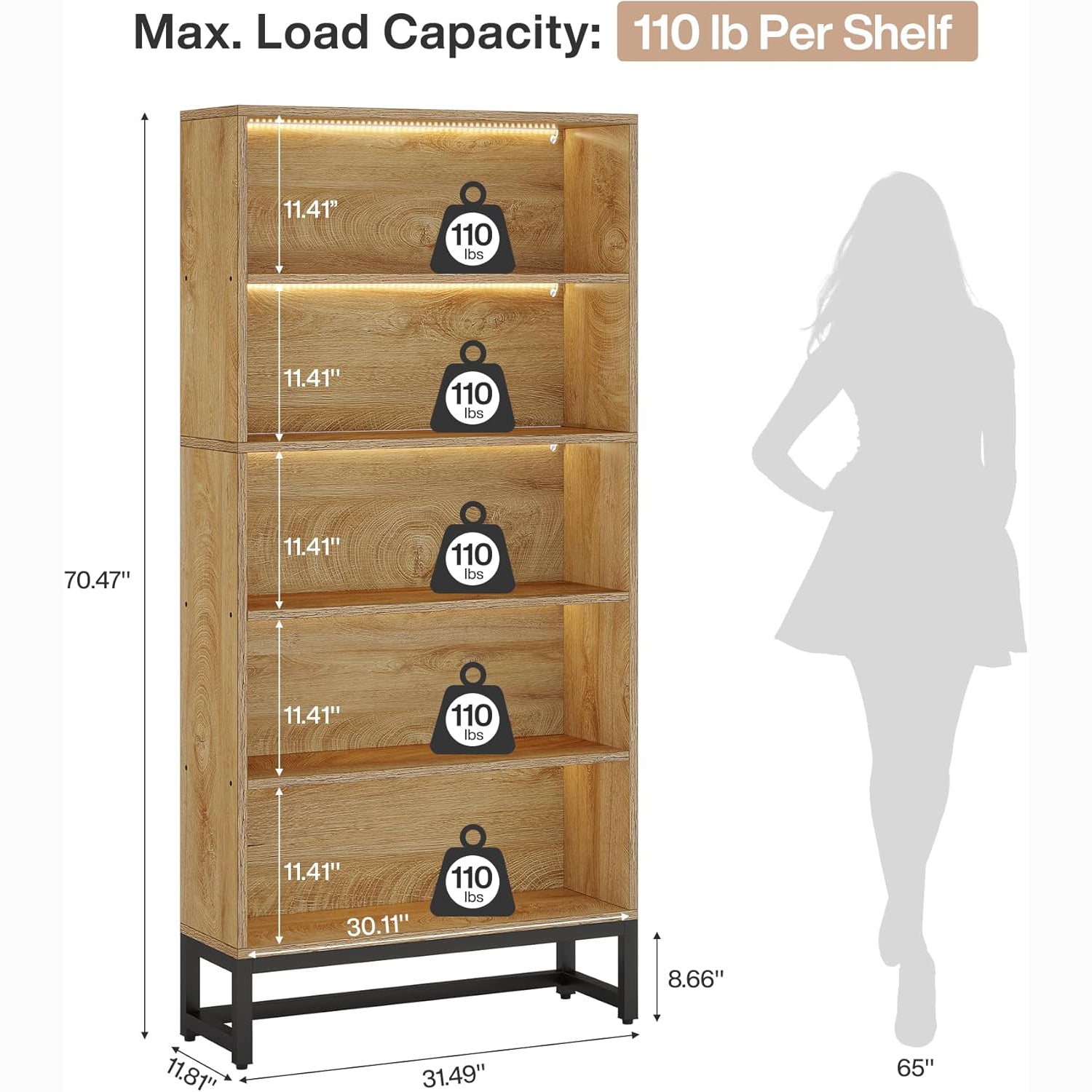 Tribesigns 70.8-Inch Tall Bookcase with LED Lights, 5-Tier Black Bookshelf Organizer