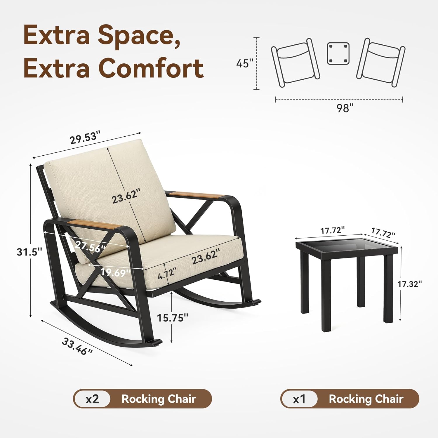 2-Person Outdoor Rocking Chair Set With Bistro Side Table And Cushions