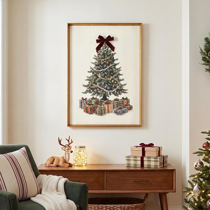Watercolor Christmas Tree Wall Art, Red Velvet Bow, Farmhouse Framed Holiday Decor, Living Room