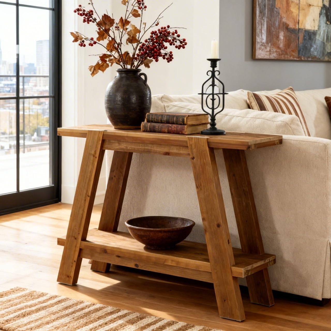 43" Narrow Console Table, 2-Tier Solid Wood Sofa Entryway Table