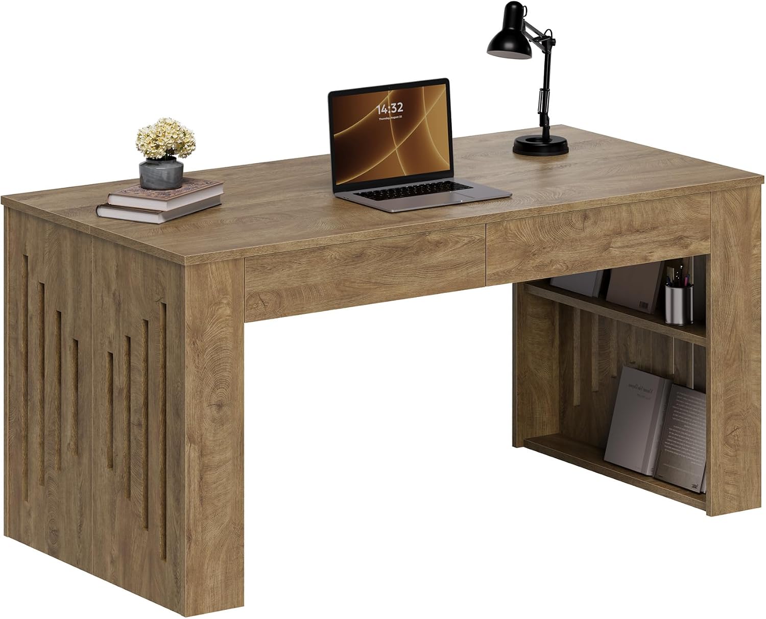 63" Executive Desk, Farmhouse Computer Desk with Drawers & Side Storage Shelf