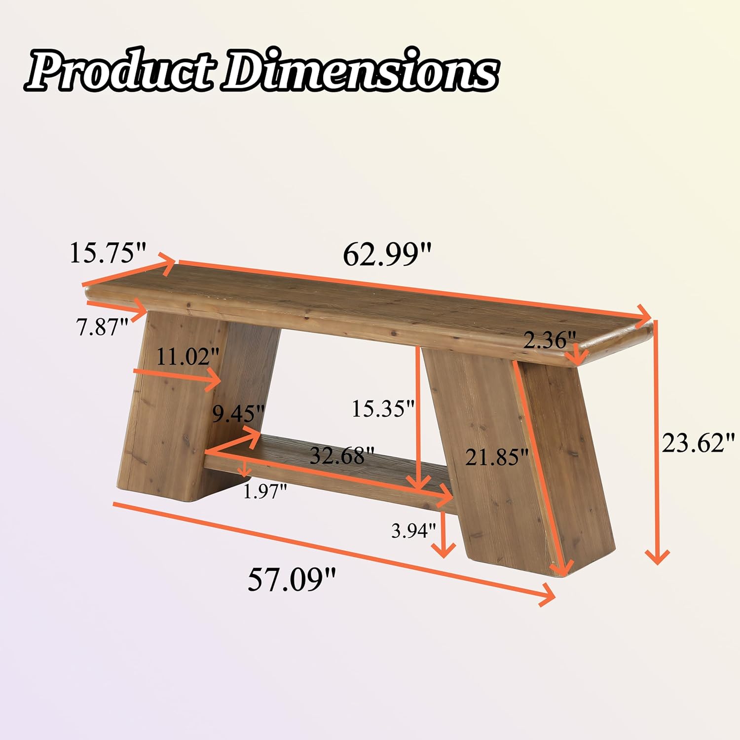 63" Solid Wood Console Table with Storage Shelf, Farmhouse Sofa Table for Behind Couch or Entryway
