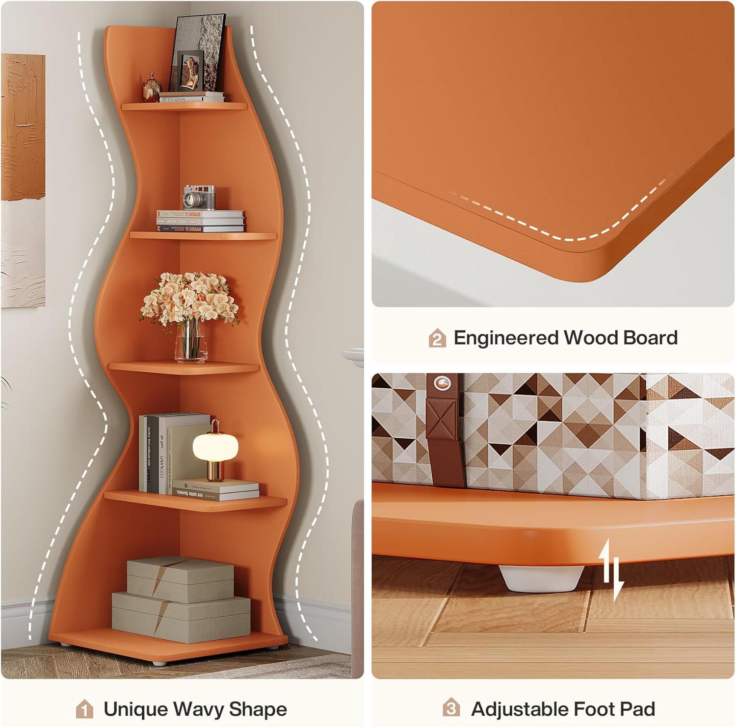 Tribesigns Wavy Corner Shelf, Modern 5-Tier Curved Bookshelf for Small Spaces