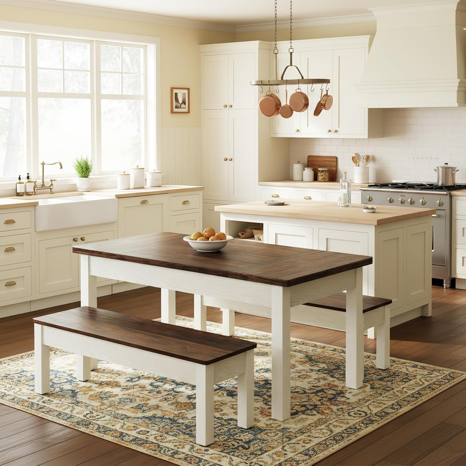 55" Farmhouse Kitchen Table Set for 4–6 People, 3 Piece Space Saving Dining Table with 2 Benches