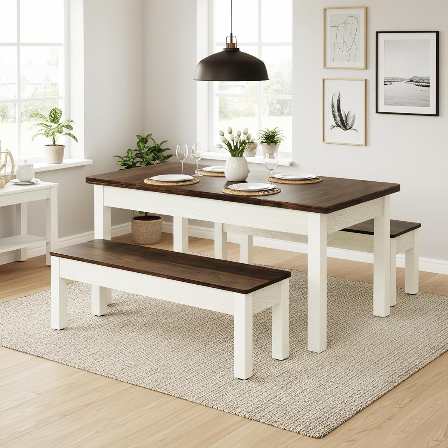 55" Farmhouse Kitchen Table Set for 4–6 People, 3 Piece Space Saving Dining Table with 2 Benches