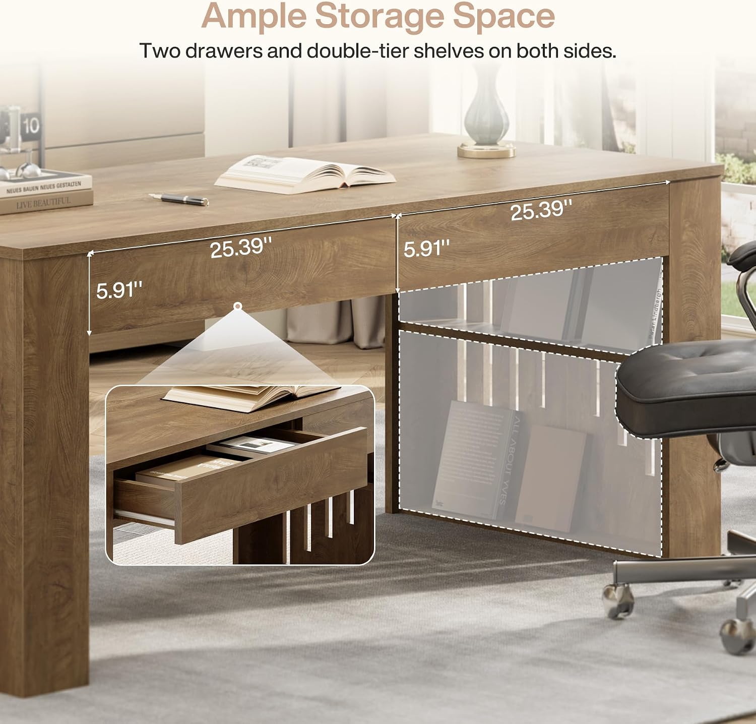 63" Executive Desk, Farmhouse Computer Desk with Drawers & Side Storage Shelf