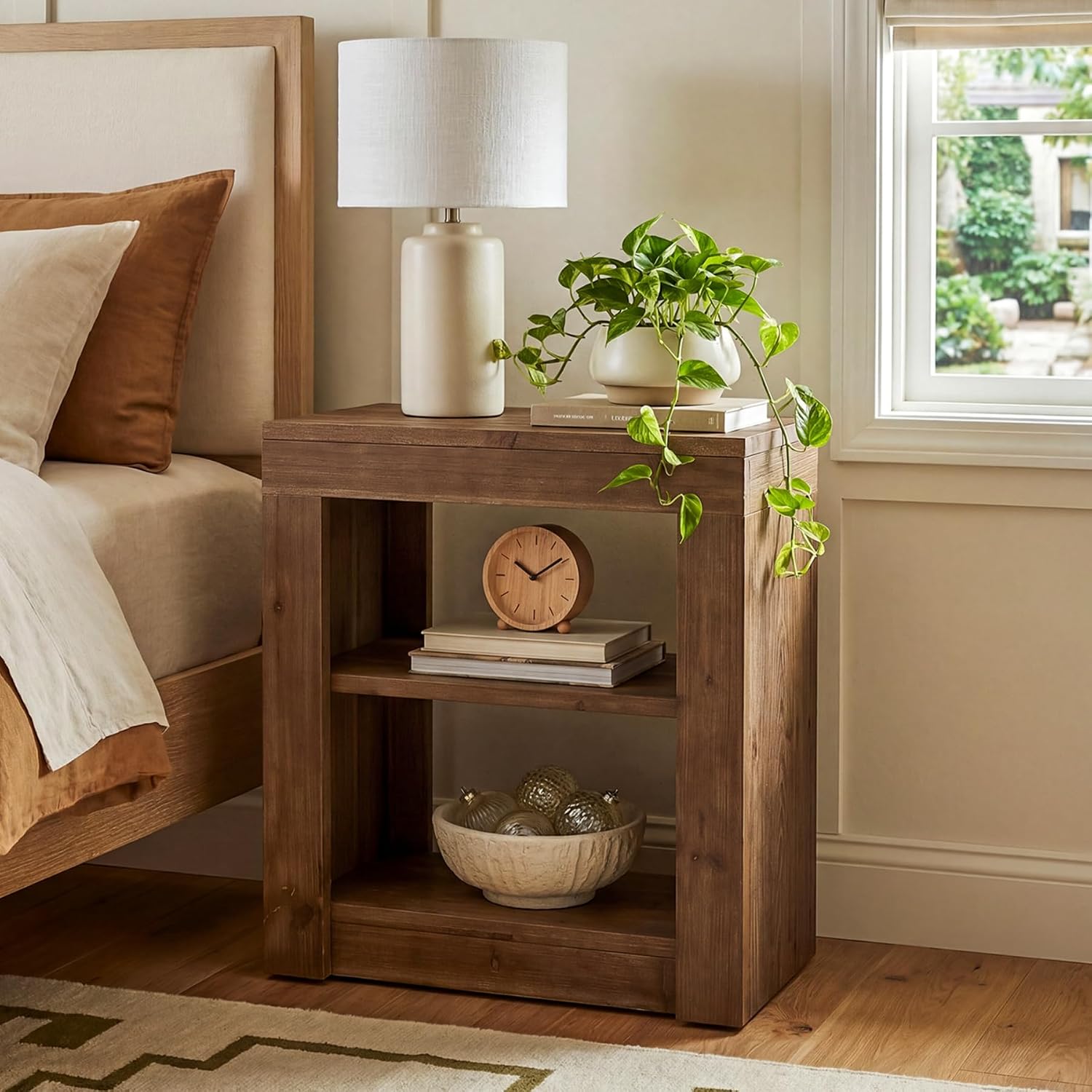 23.62" Solid Wood Nightstand, Rectangle Bedside Table with Storage Shelf for Bedroom