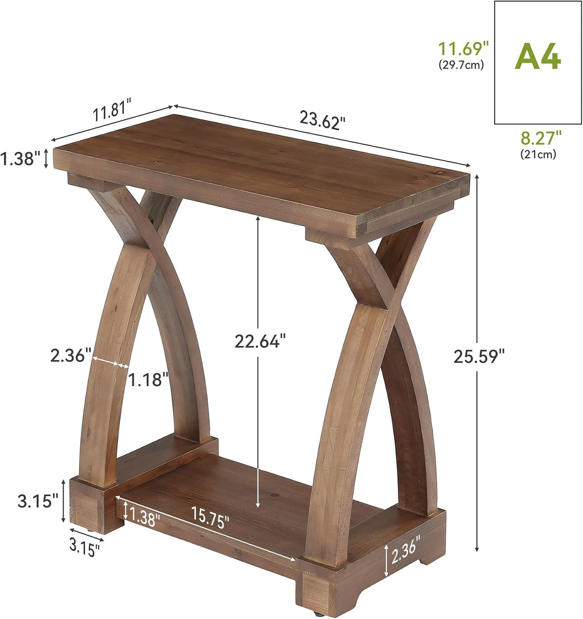 23.62" Solid Wood End Table, 2-Tier Side Table with Curved X-Frame for Small Spaces