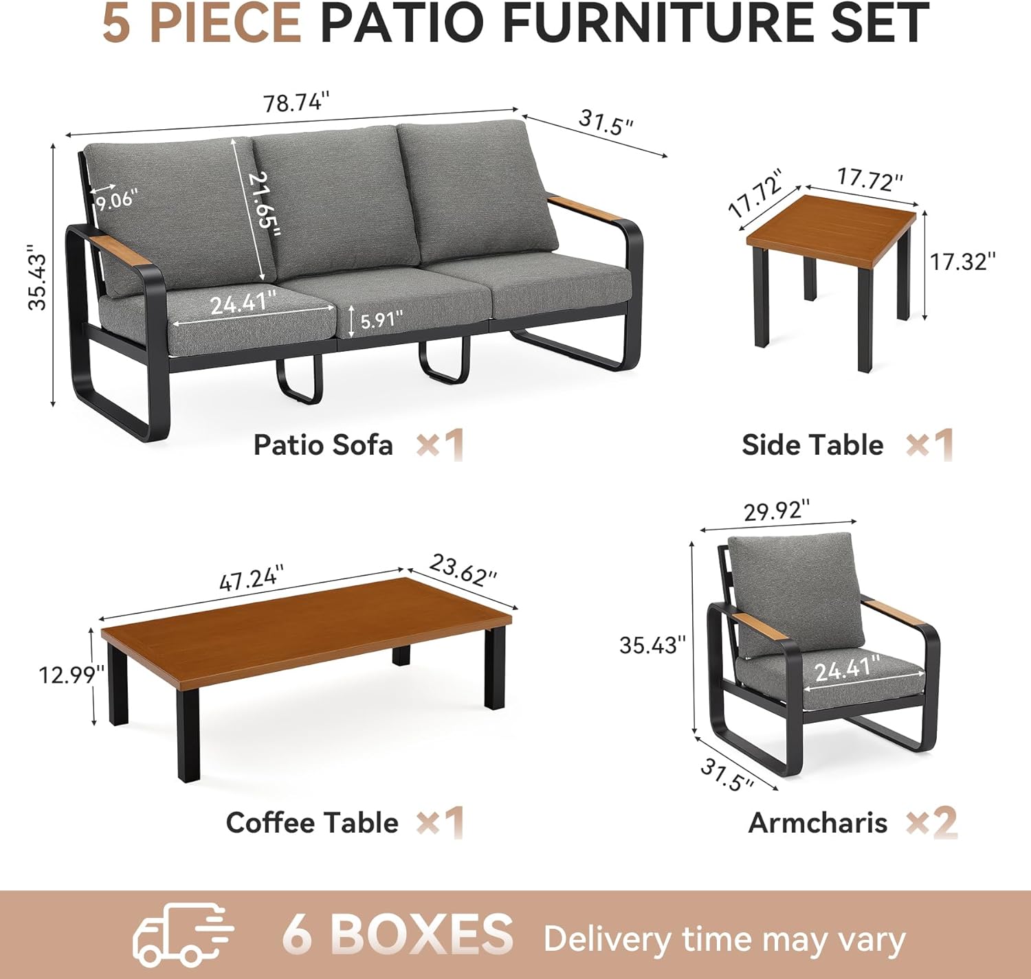 5-Piece Patio Furniture Set Outdoor Conversation Sets with Sofas & Coffee Table & Side Table