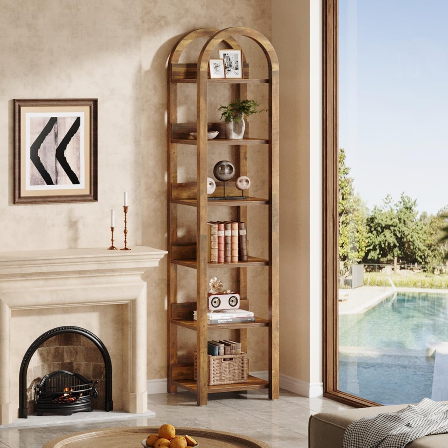 71" Narrow Bookshelf, 6-Tier Arched Bookcase Display Shelf Open Storage Rack