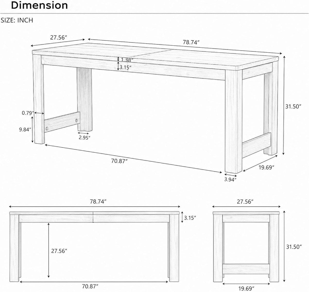 79" Conference Table for 6-8, Farmhouse Solid Wood Modular Office Meeting Table