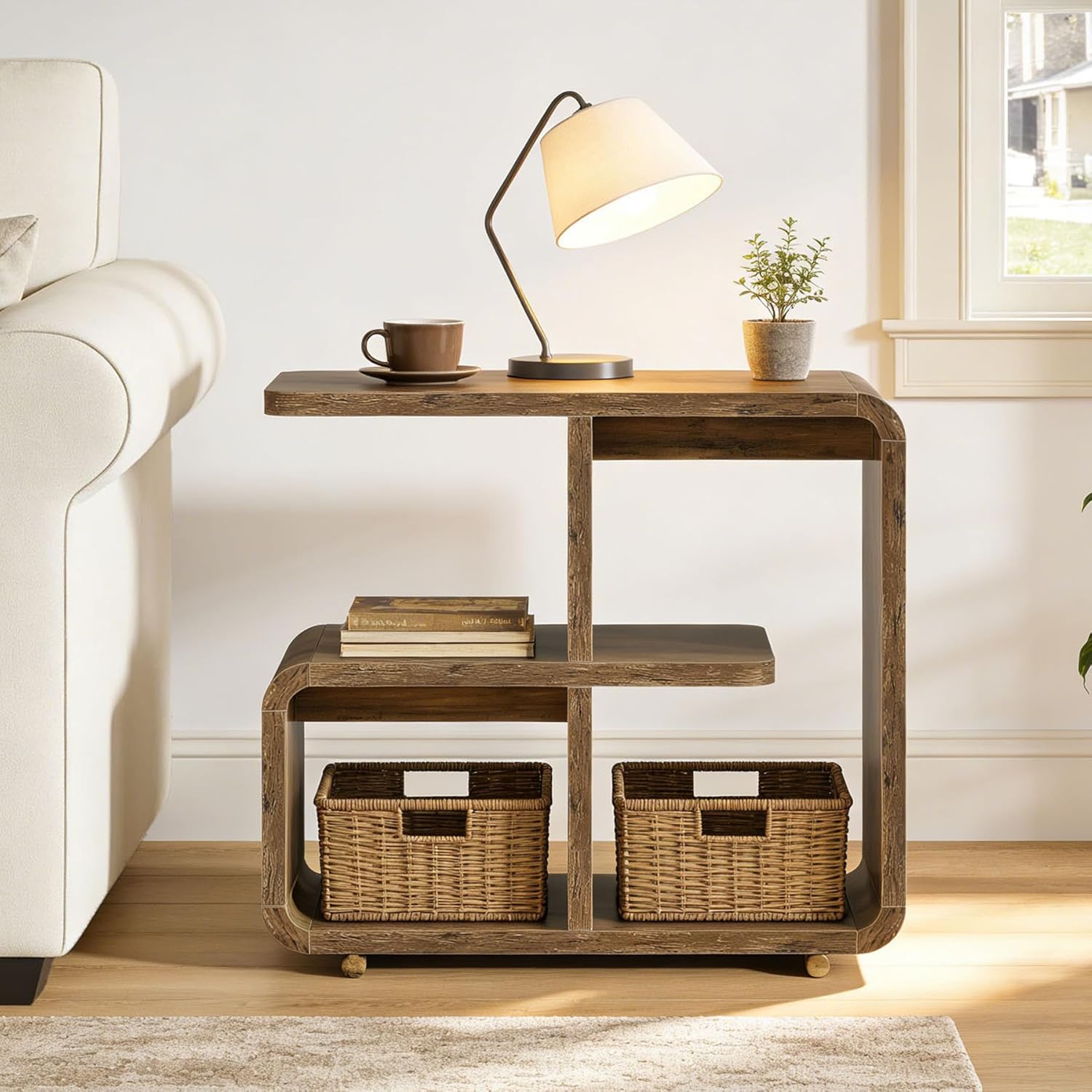 24 Inch Rustic Wooden Side Table with Storage, 3 Tier Narrow End Table for Living Room Bedroom Small Spaces