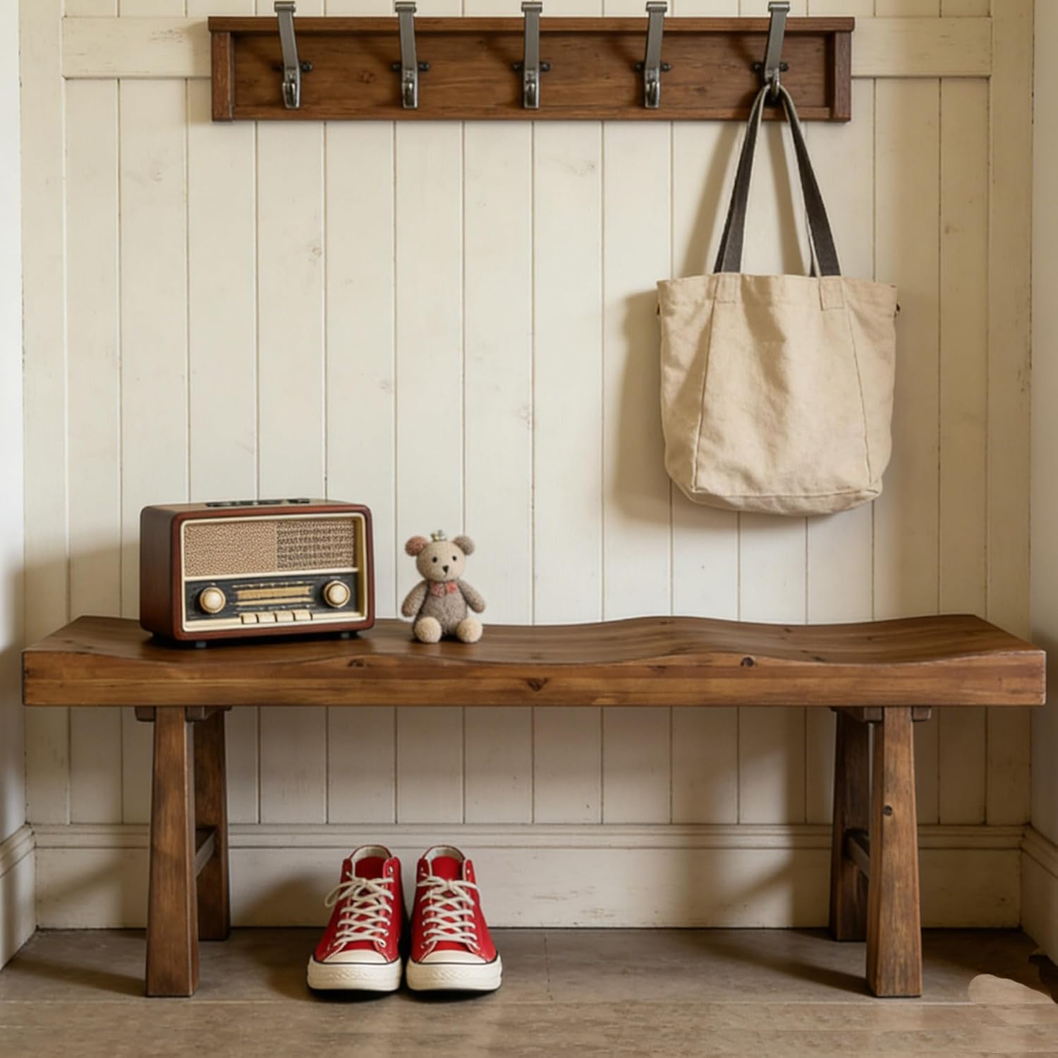 55" Entryway Bench, Solid Wood Storage Bench with Wave-Top Design for Foyer