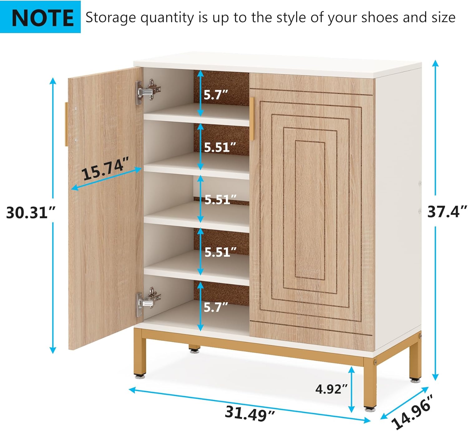 31.49" Shoe Cabinet with Doors for 20 Pairs, 5 Tier Modern Freestanding Shoe Storage Organizer