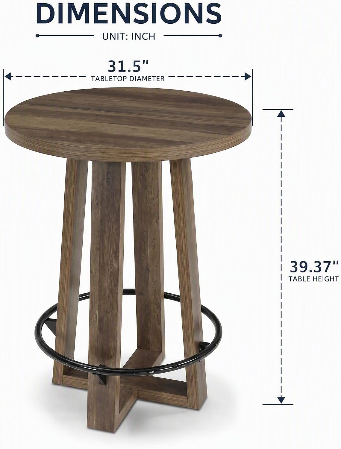 39"H Round Bar Table with Metal Footrest, Bar Height High Top Pub Table, Home Bar Kitchen