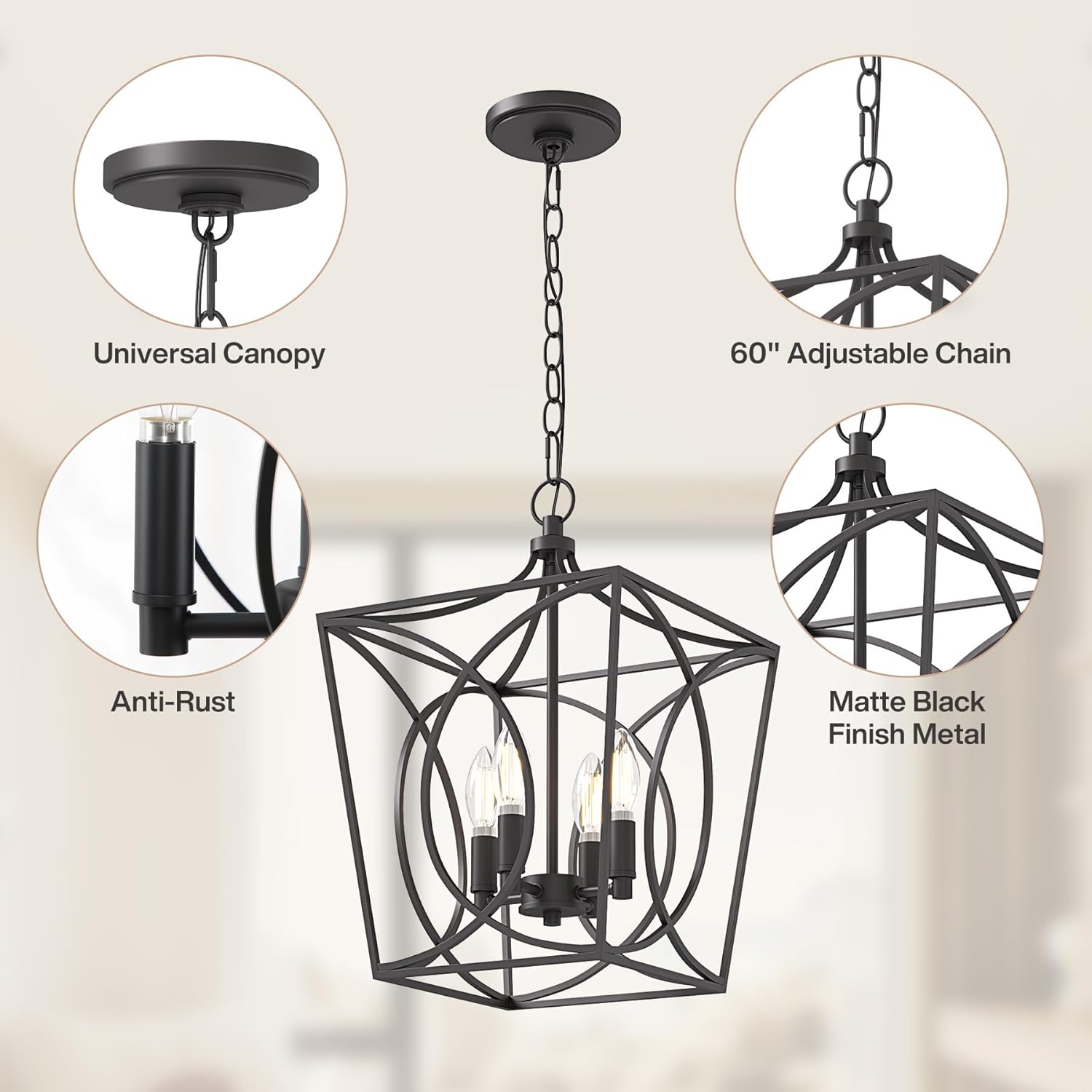 4-Light Pendant Light Fixture, Industrial Chandelier With Adjustable Chain