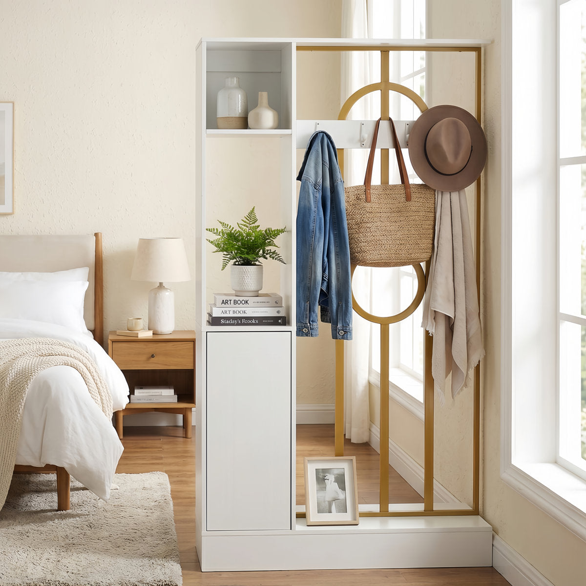 70.8" Room Divider with Storage & Coat Hooks, Freestanding Entryway Partition, Living Room