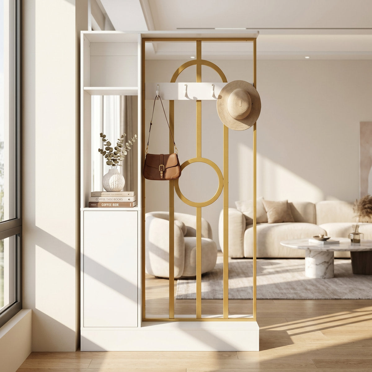 70.8" Room Divider with Storage & Coat Hooks, Freestanding Entryway Partition, Living Room