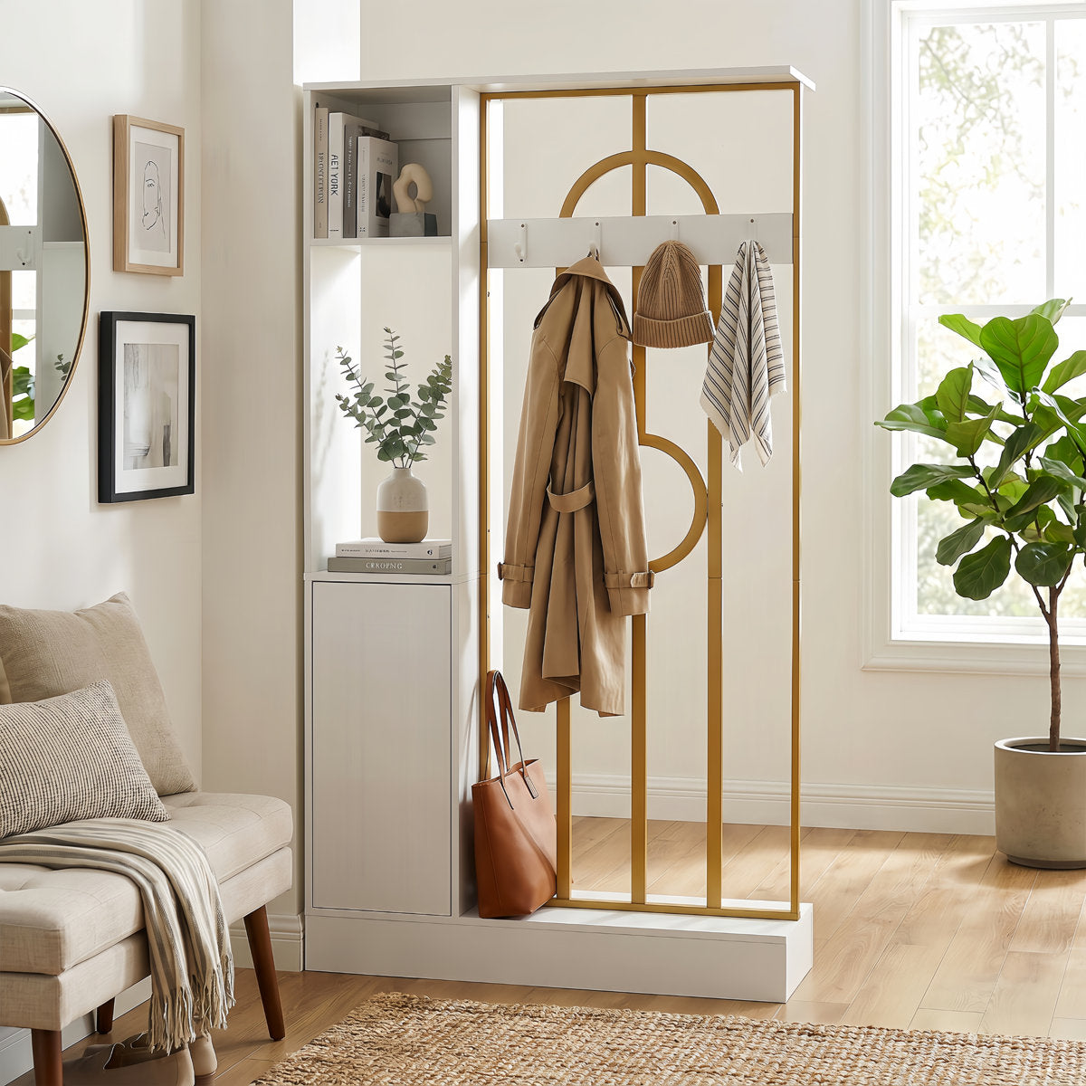 70.8" Room Divider with Storage & Coat Hooks, Freestanding Entryway Partition, Living Room