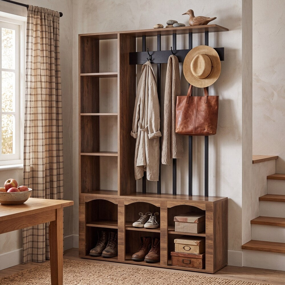 71" Freestanding Room Divider, Shelves & Coat Hooks, Shoe Storage, 39"W Hallway