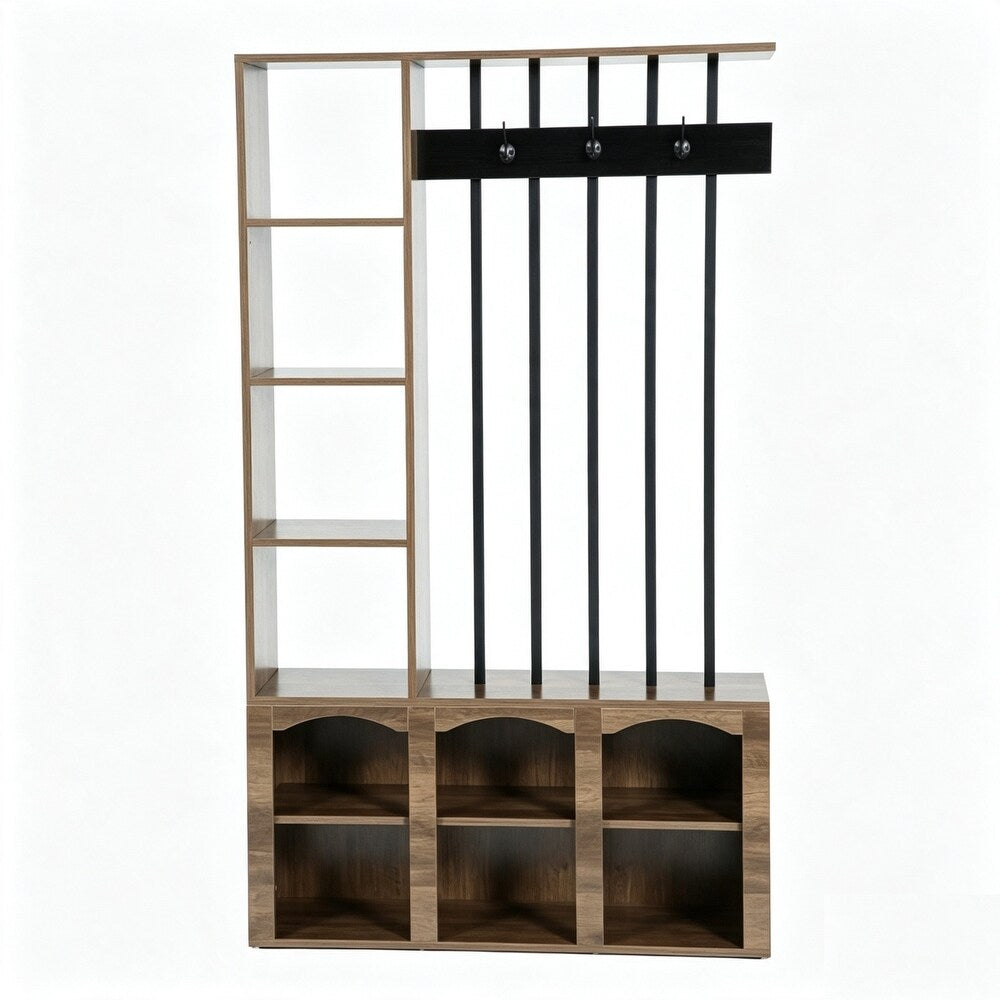 71" Freestanding Room Divider, Shelves & Coat Hooks, Shoe Storage, 39"W Hallway