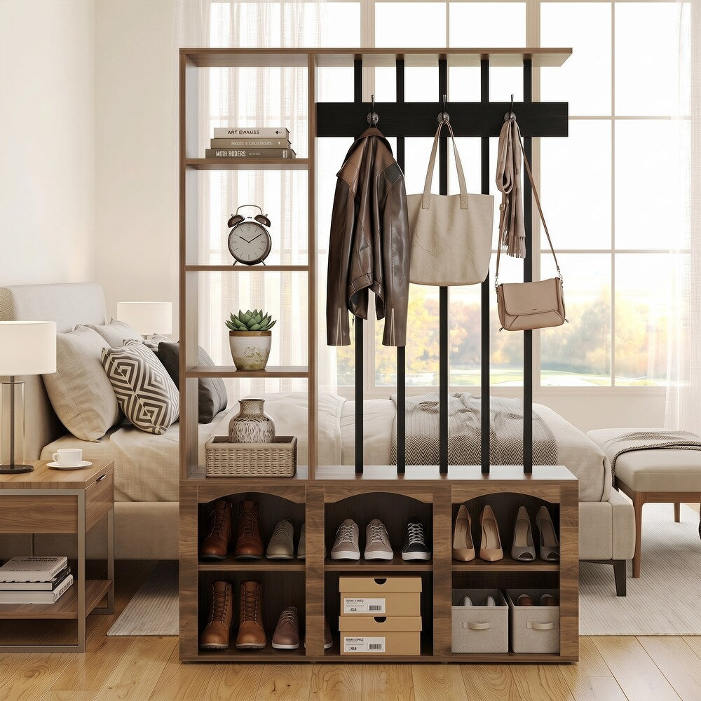 71" Freestanding Room Divider, Shelves & Coat Hooks, Shoe Storage, 39"W Hallway