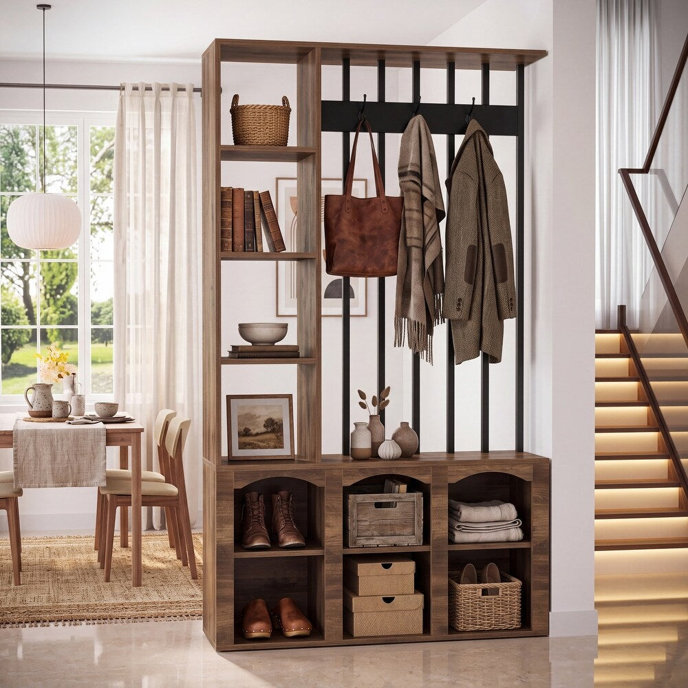 71" Freestanding Room Divider, Shelves & Coat Hooks, Shoe Storage, 39"W Hallway
