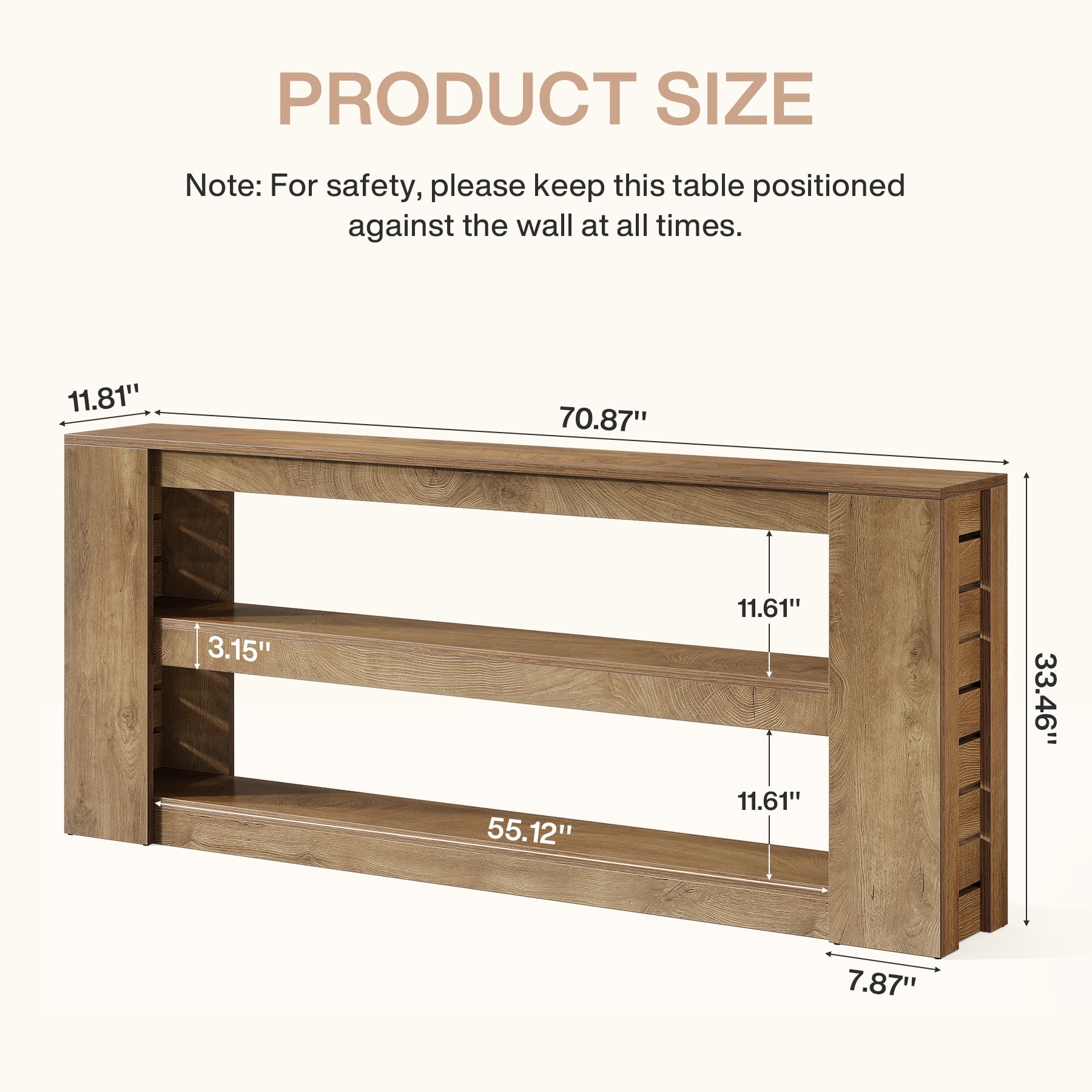71" Console Table, Wooden 3-Tier Sofa Table Entryway Table