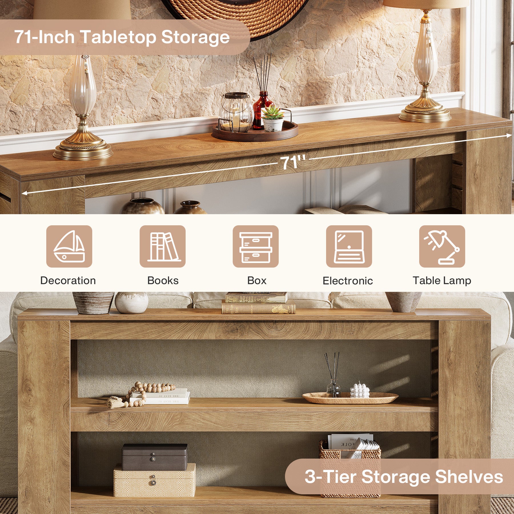 71" Console Table, Wooden 3-Tier Sofa Table Entryway Table