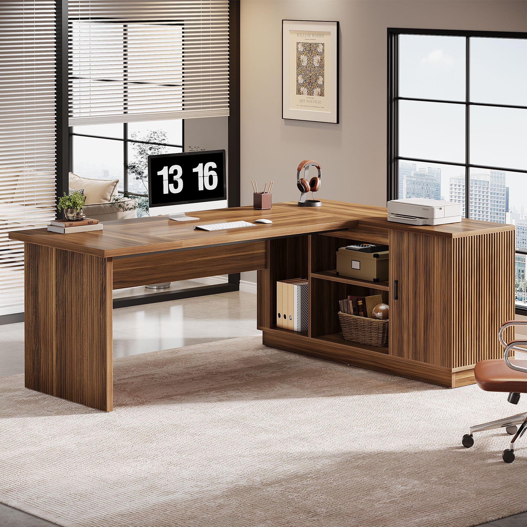 71" Executive Desk, L-Shaped Office Computer Table with File Cabinet