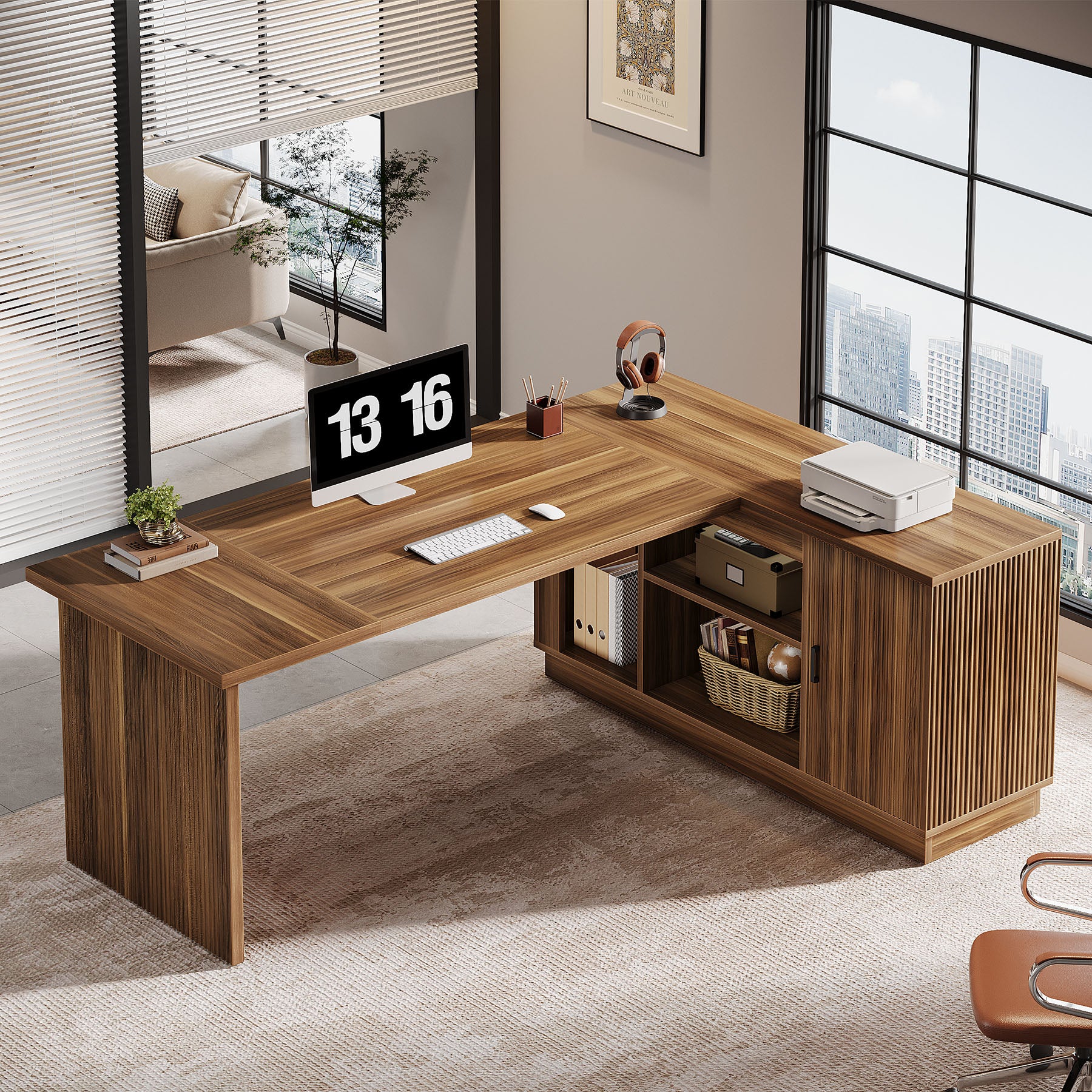 71" Executive Desk, L-Shaped Office Computer Table with File Cabinet