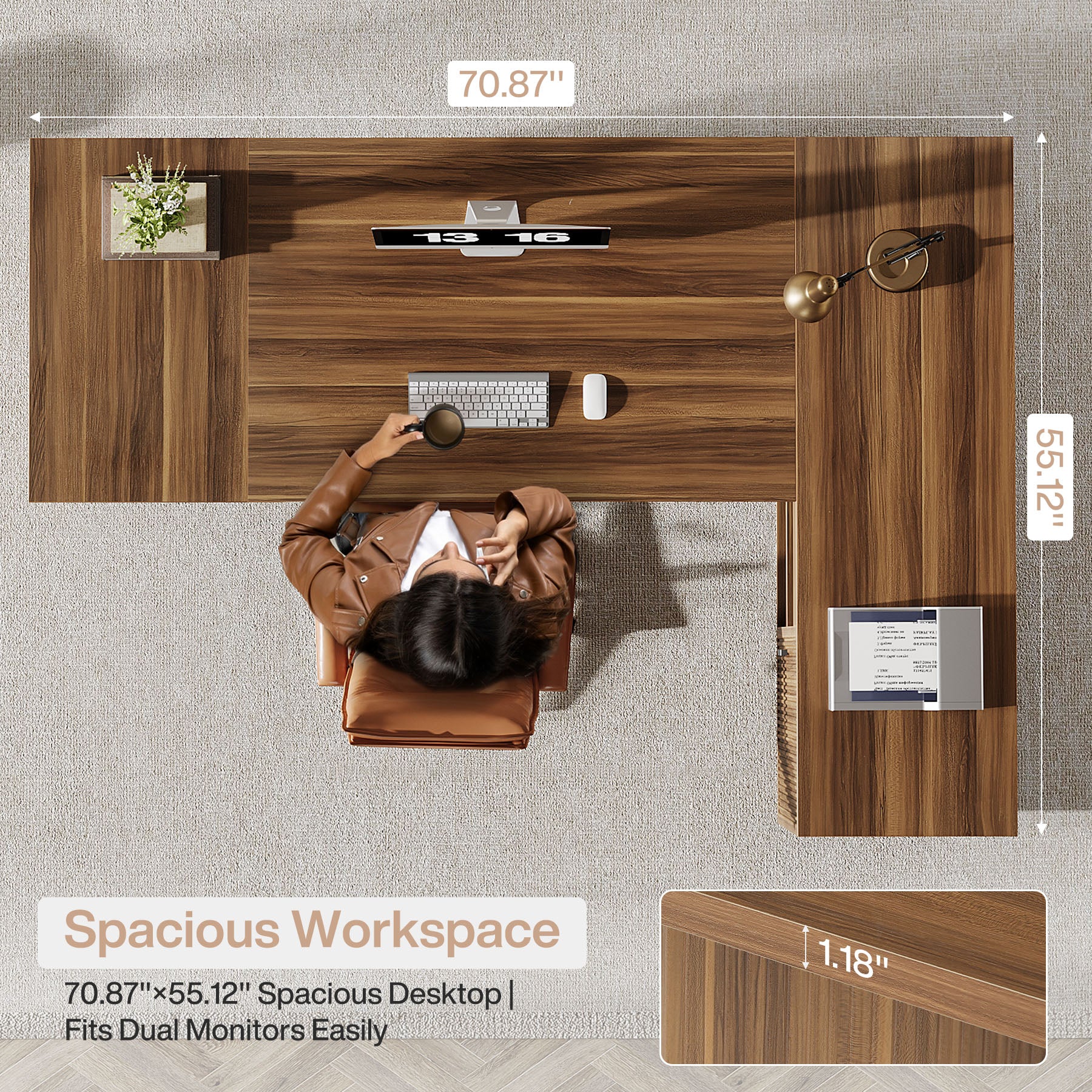 71" Executive Desk, L-Shaped Office Computer Table with File Cabinet