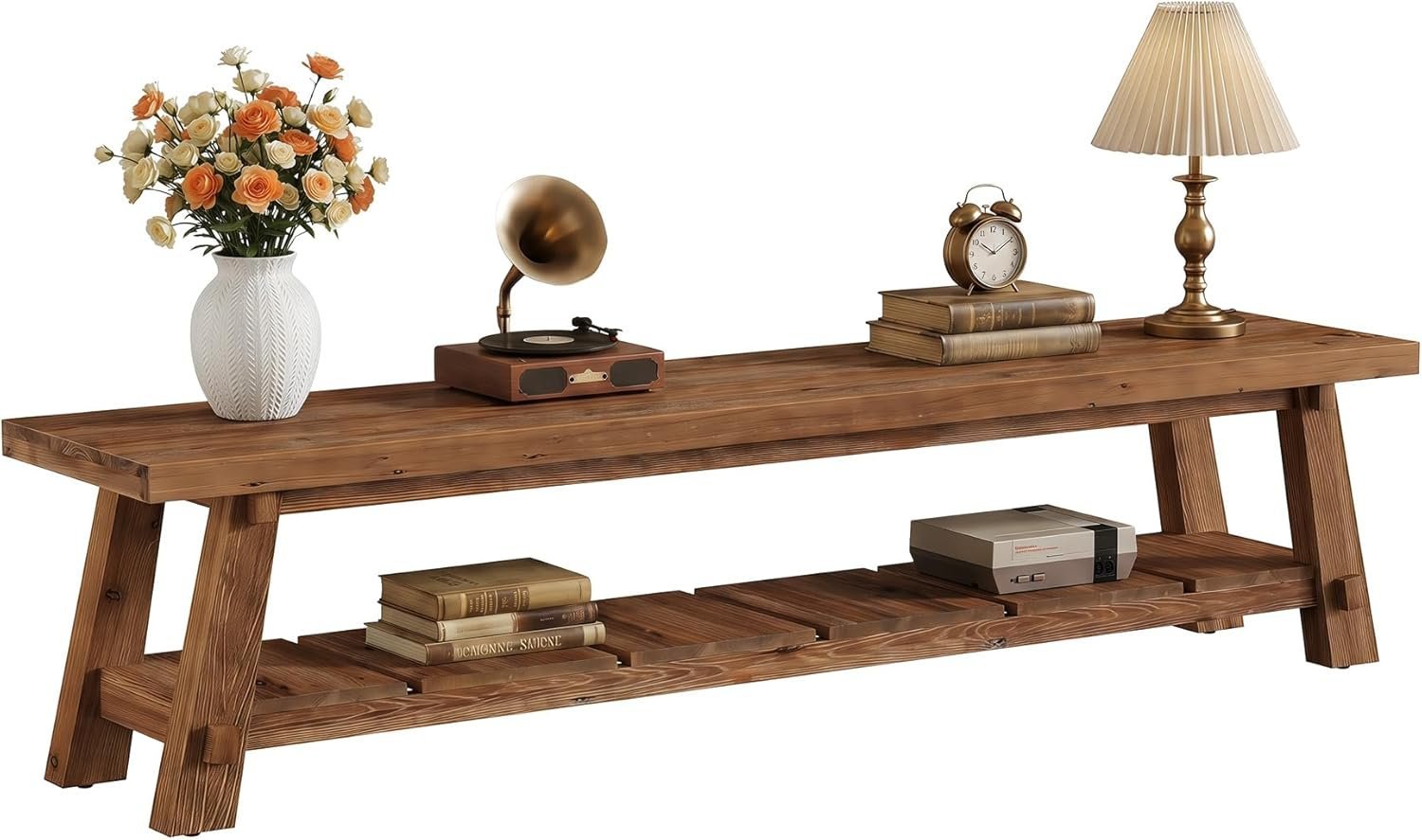 71" Extra Long TV Stand, Solid Wood Entertainment Center with Open Storage Shelves for TVs up to 85"