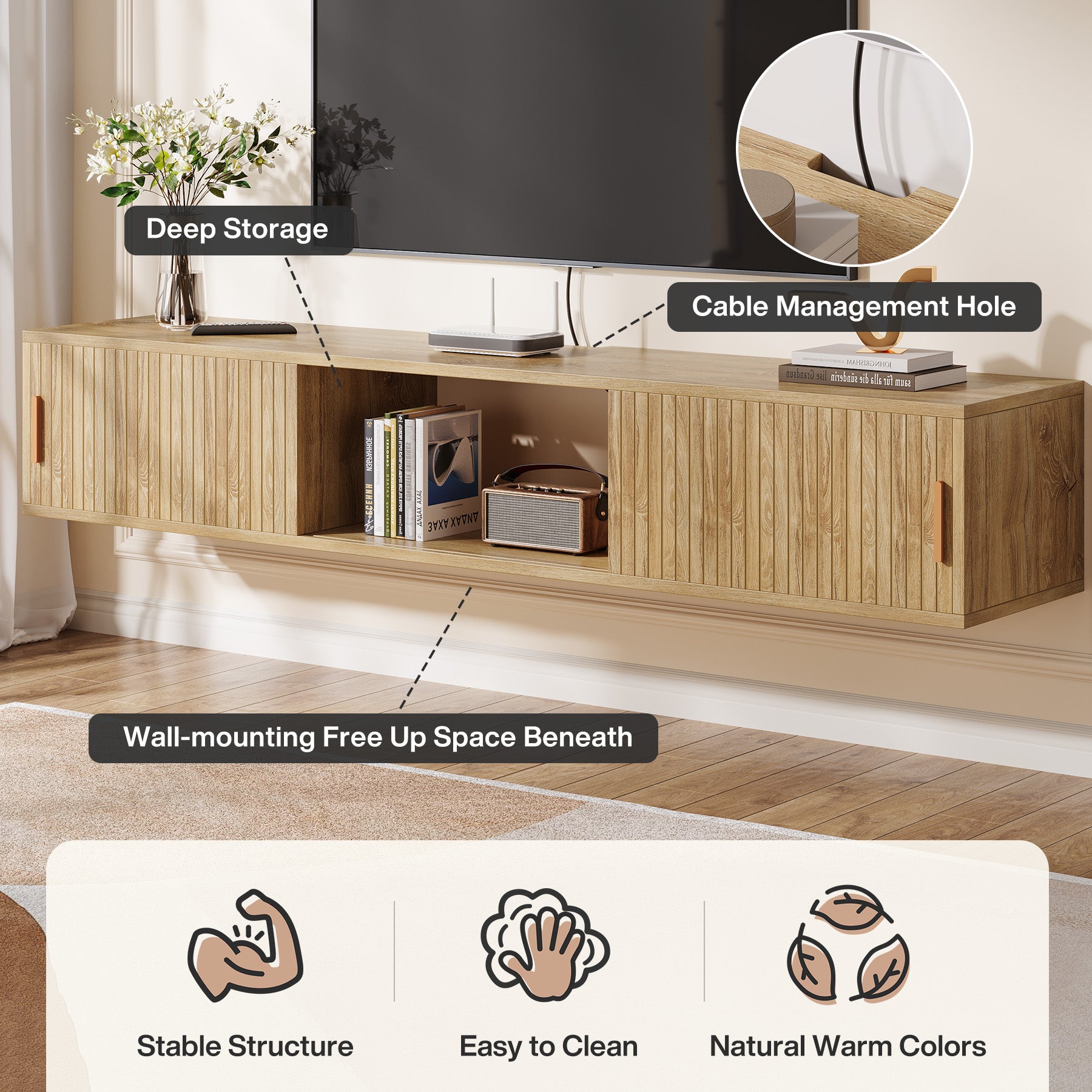 71" Floating TV Stand, Wall Mounted Entertainment Center with Fluted Sliding Door