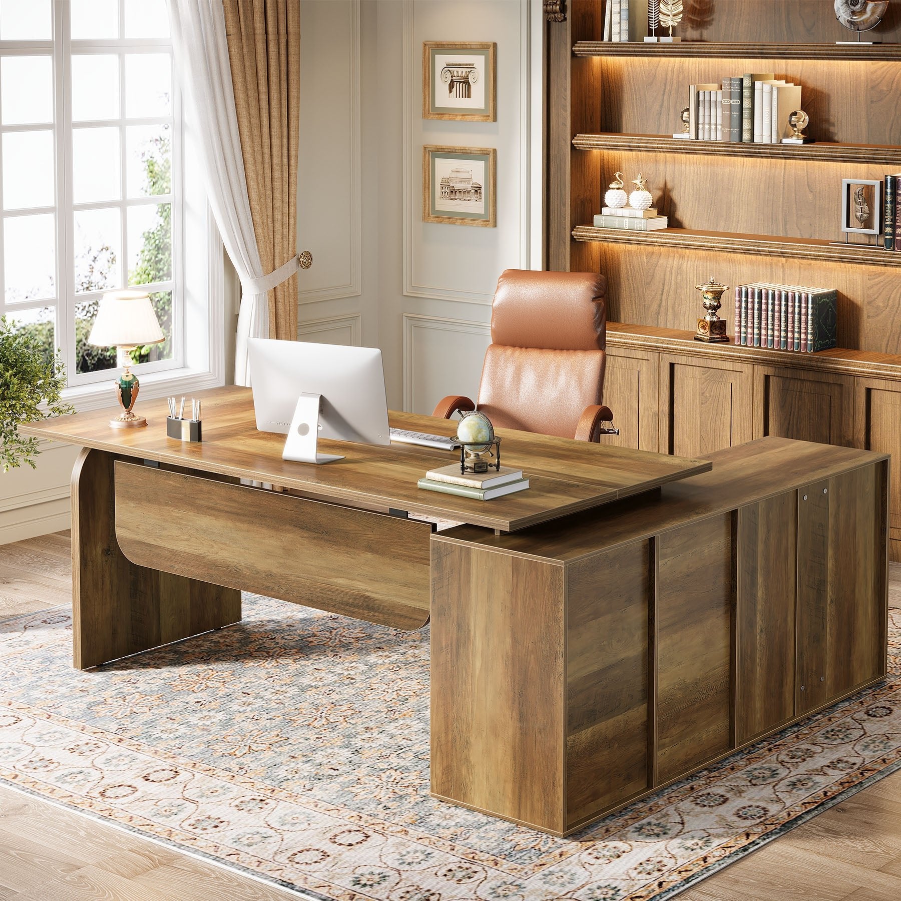 71" L-Shaped Computer Desk, Executive Office Desk with File Cabinet