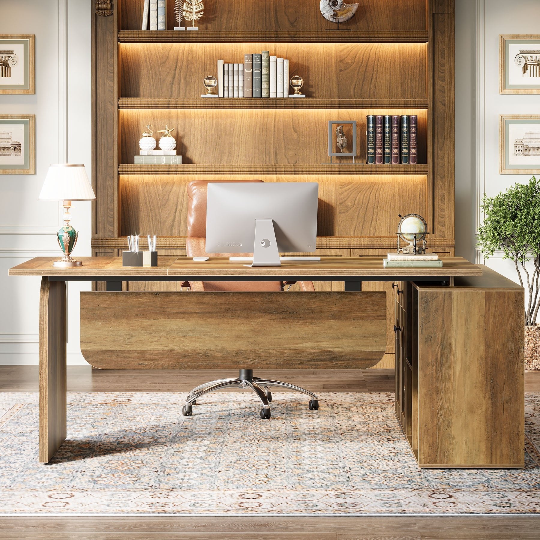 71" L-Shaped Computer Desk, Executive Office Desk with File Cabinet