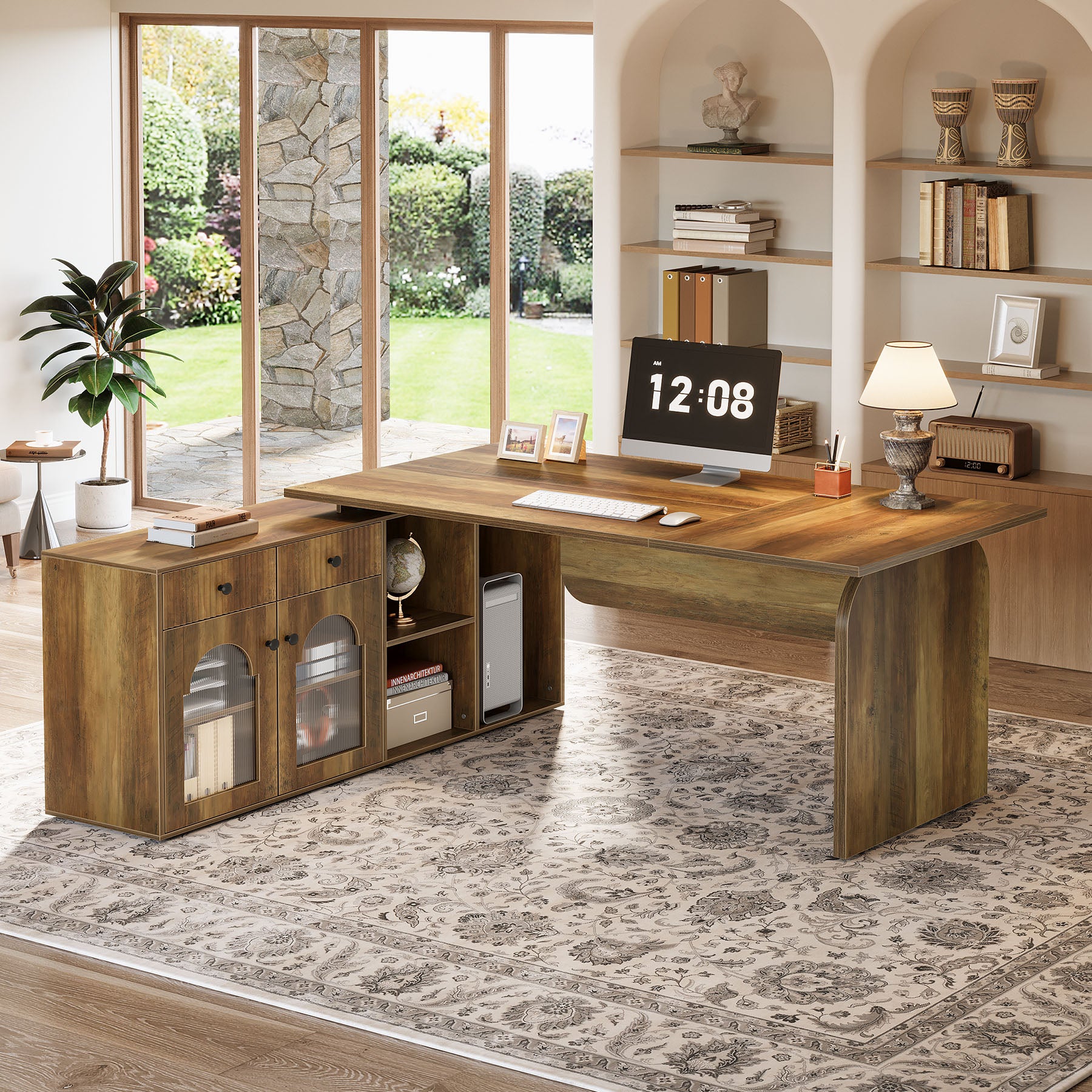 71" L-Shaped Computer Desk, Executive Office Desk with File Cabinet