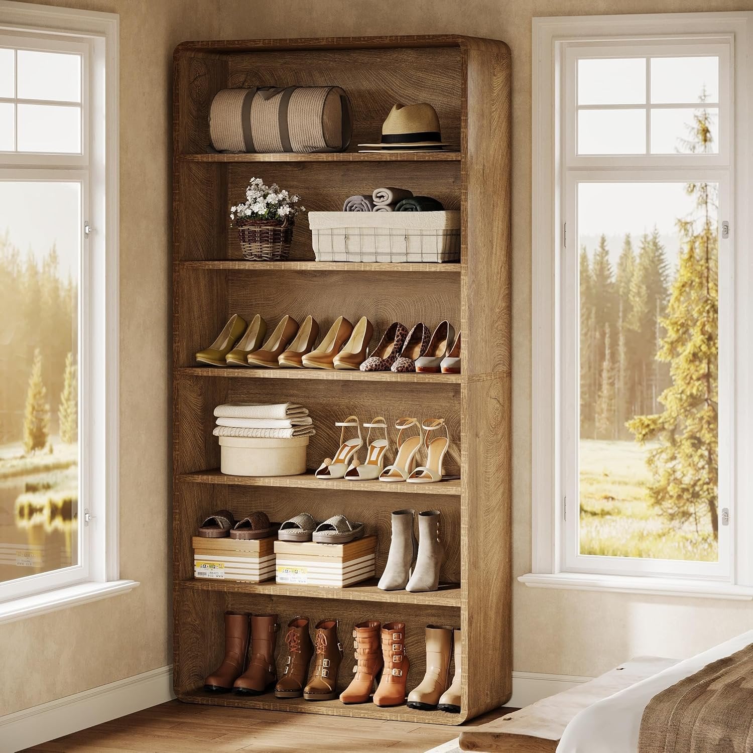 71" Shoe Cabinet, 6-Tier Wooden Vertical Shoe Rack Organizer with Open Shelf