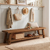 71" Solid Wood Entryway Bench, Rustic Extra Long Hallway Seating with Shoe Storage for Living Room and Bedroom 3