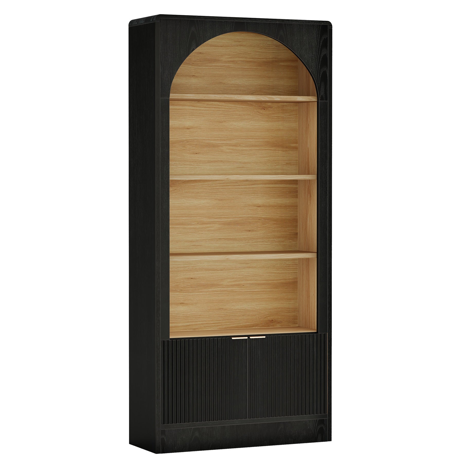 71" Tall Bookcase, 5-Tier Arched Bookshelf with Storage Cabinet and Fluted Doors