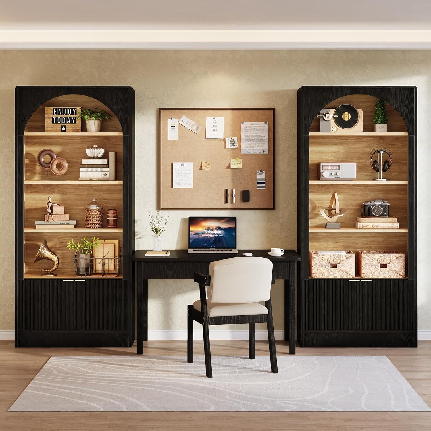 71" Tall Bookcase, 5-Tier Arched Bookshelf with Storage Cabinet and Fluted Doors