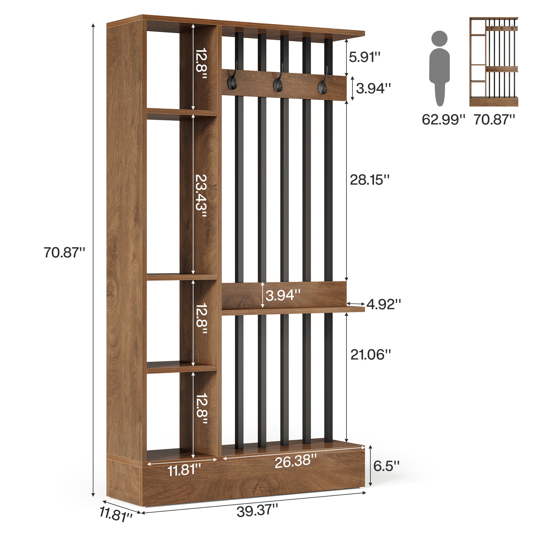 71" Wall Room Divider, Wood Freestanding Wall Partition Bookcase with Coat Hooks