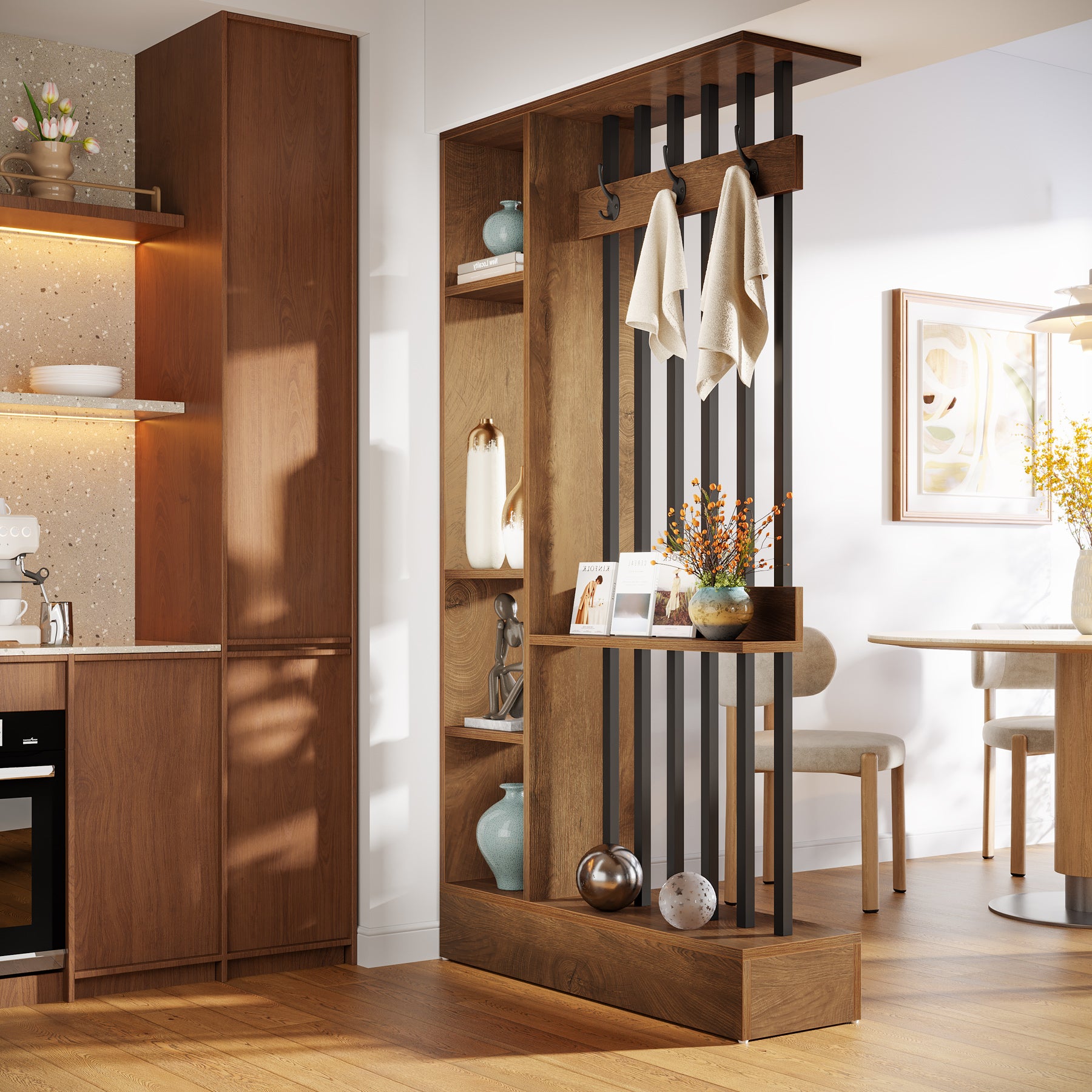 71" Wall Room Divider, Wood Freestanding Wall Partition Bookcase with Coat Hooks