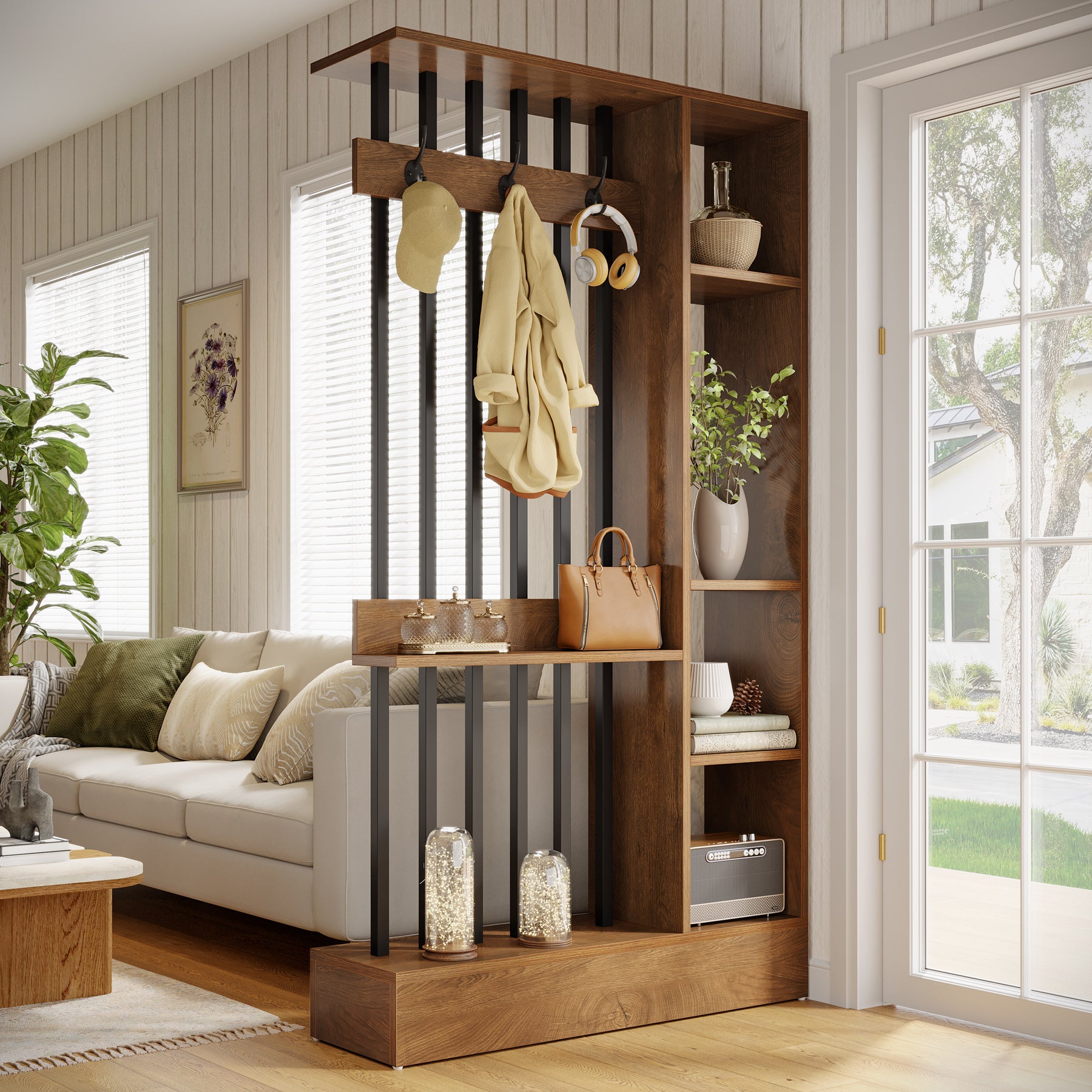 71" Wall Room Divider, Wood Freestanding Wall Partition Bookcase with Coat Hooks