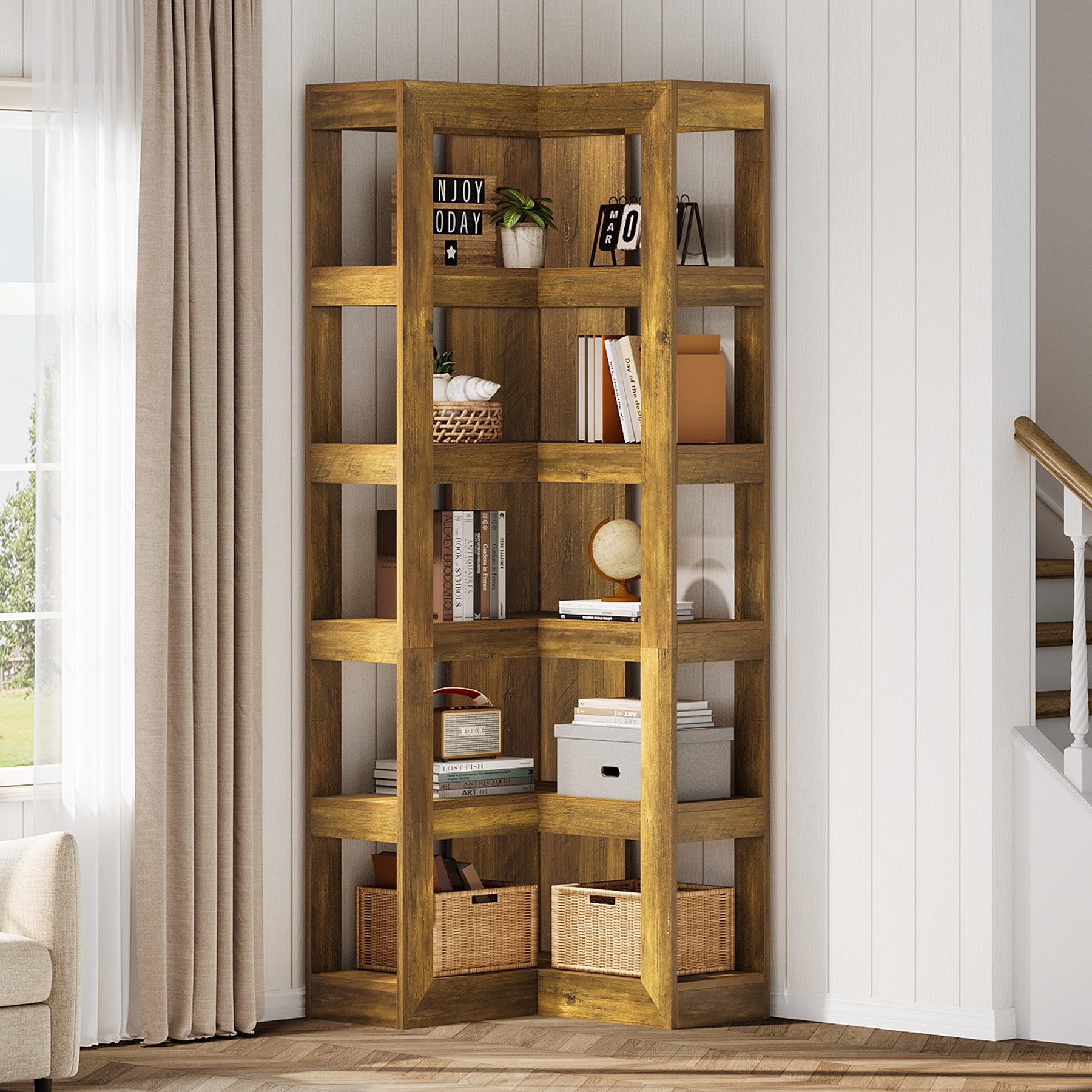 71" Wooden Bookshelf, Corner 6-Tier L-Shaped Shelf Stand with Storage