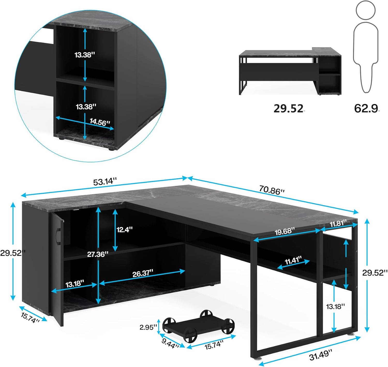 71 Inch Desk, L-shaped Executive Desk with Shelves & Cabinet