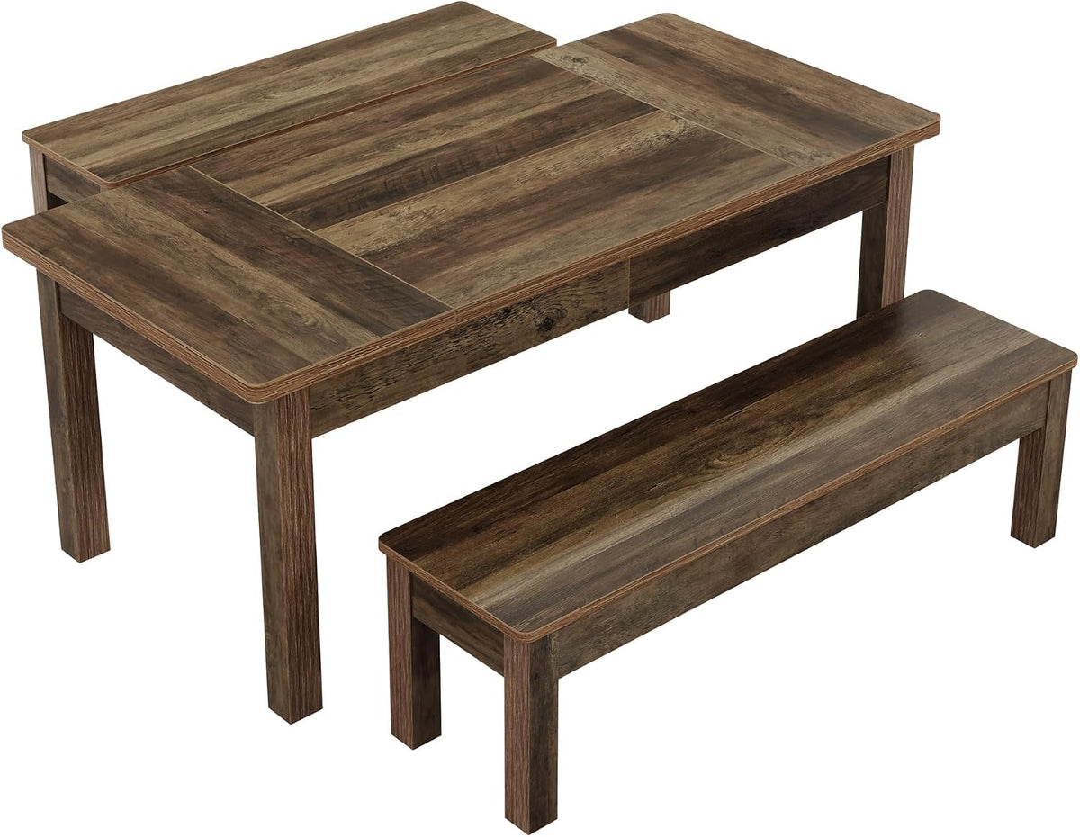 55" Farmhouse Kitchen Table Set for 4–6 People, 3 Piece Space Saving Dining Table with 2 Benches